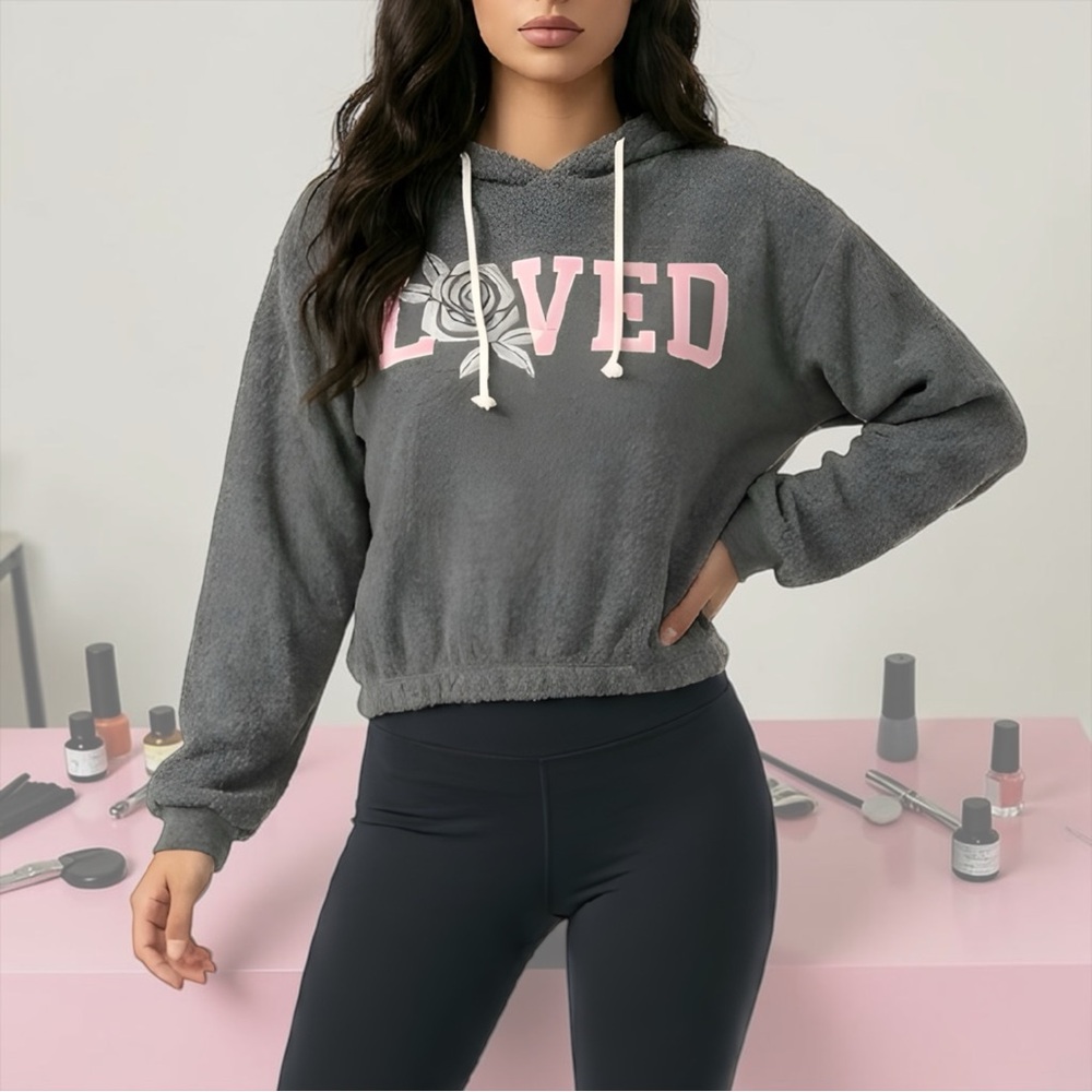 PJ Salvage Women’s Gray Pink Embroidered Print Comfort Cropped Hoodie Sz M